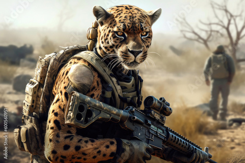 A cheetah with a weapon on the battlefield. Generative AI
