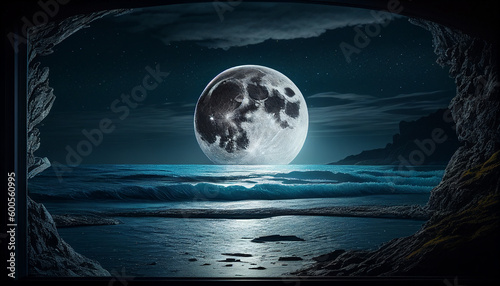 A full moon and shining stars illuminate the night ocean landscape, Generative AI