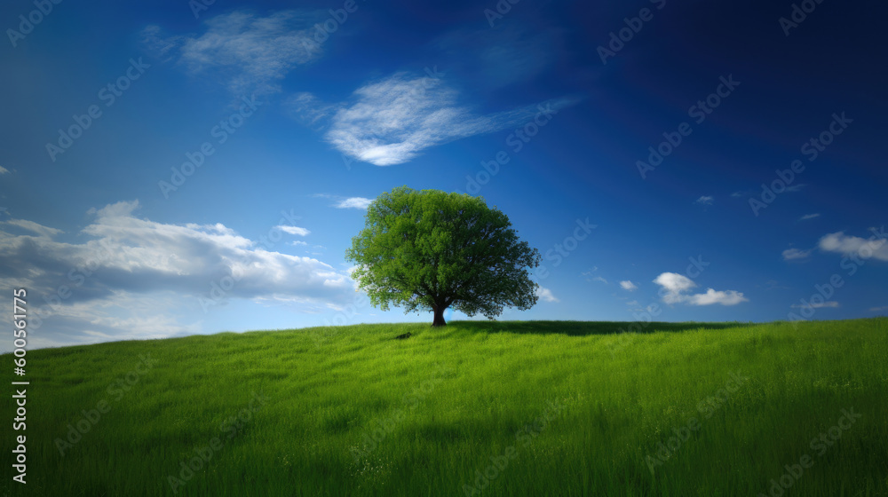 Obraz premium Green Field Tree Blue Sky. Generative AI