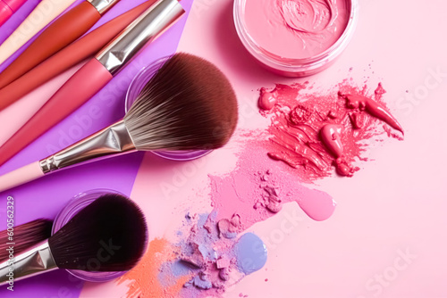 Cosmetics on a pink background, cosmetic texture of face powder, lipstick, eye shadow, blush, top view.