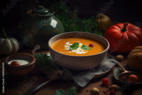 Pumpkin carrot soup on wooden background. Generative AI