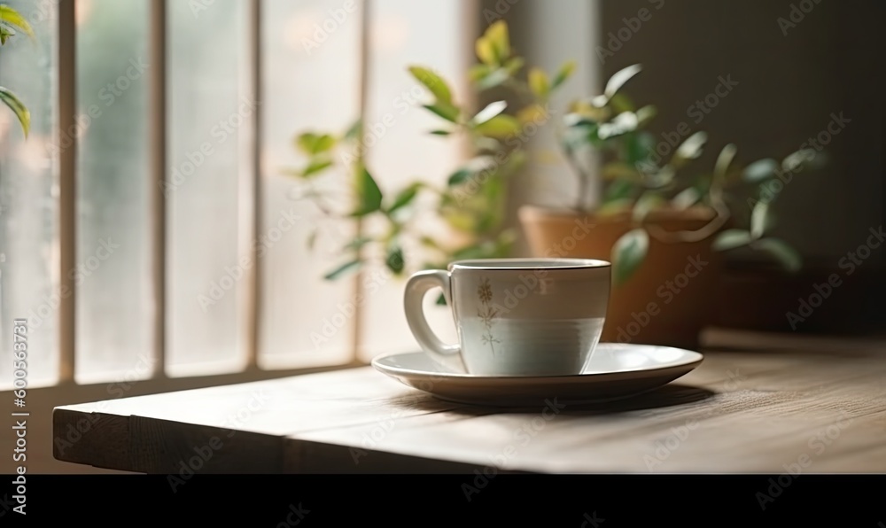 Soft focus of white coffee cup with small trees and green leaf in vase on wooden table near bright window, generative AI