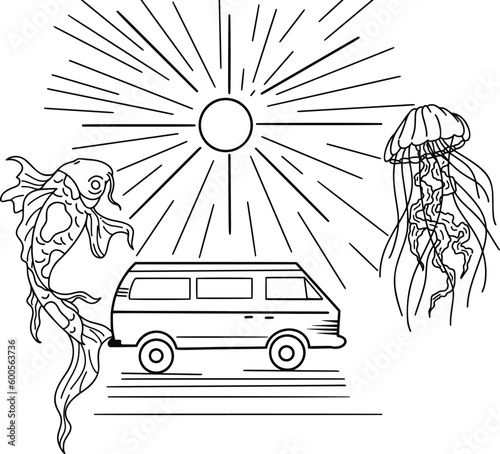 Simple illustration Van life, travel, exploring, nateur, surf, surfing, desert, mountains , minimalist, line art, and anything adventure inspired