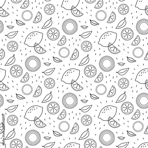 Seamless pattern with citrus fruit in hand drawn graphic style.