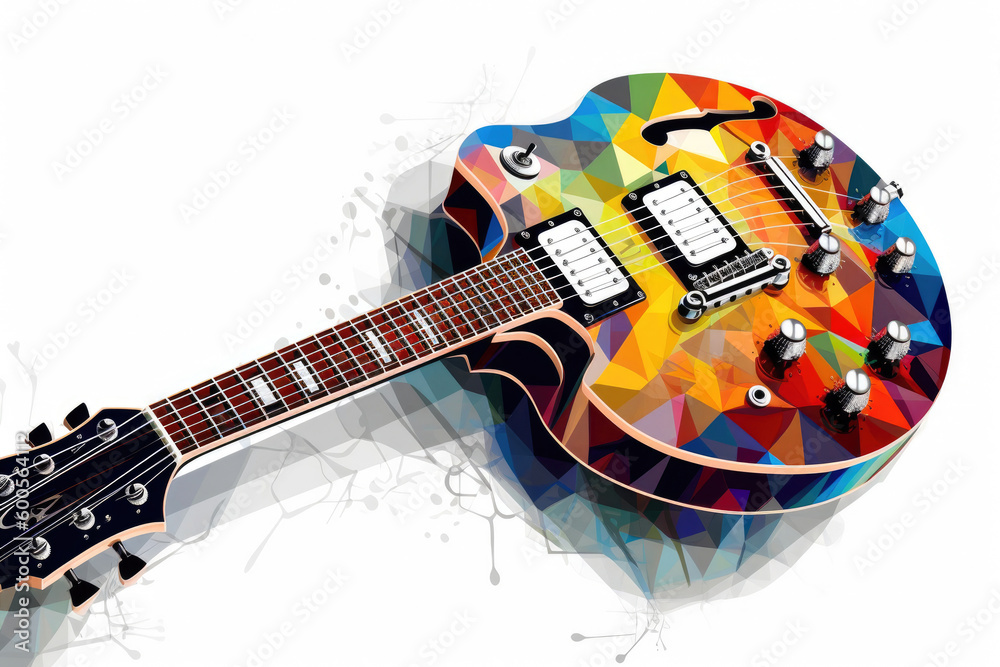 Electric guitar with rainbow paint energetic explosion. Generative AI