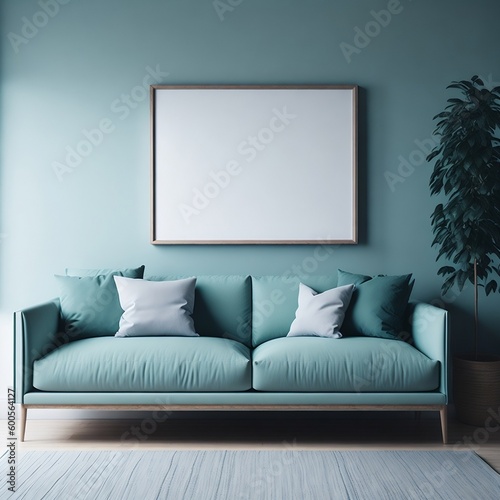 Blank wooden frame mockup on the wall and a centered sofa in a trendy modern Scandinavian interior with mint color tones.