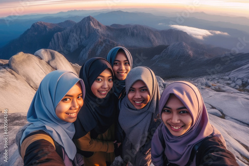 Selfie of a group of malaysian hijab girls selfie on top of mountains. Generative AI