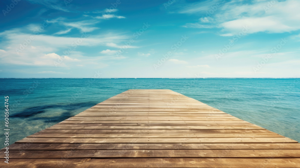 Obraz premium Wooden Pier Blue Sea Sky Background. Generative AI