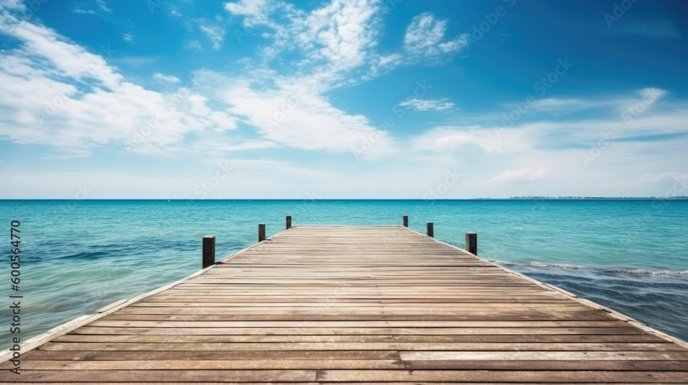 Wooden pier with blue sea and sky background. Generative AI
