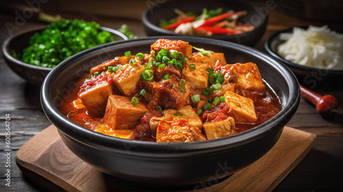 Korean food: tofu and kimchi stew with vegetables and spices