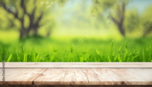 Beautiful spring green landscape background with empty wooden table for product display  blurred nature background  copy space  Generatice AI