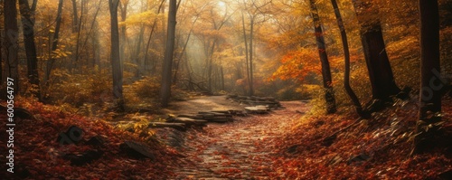 A calm and pristine forest with autumn leaves. Horizontal banner. AI generated
