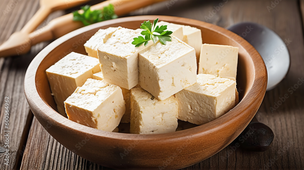 tofu cubes with herbs in a bowl