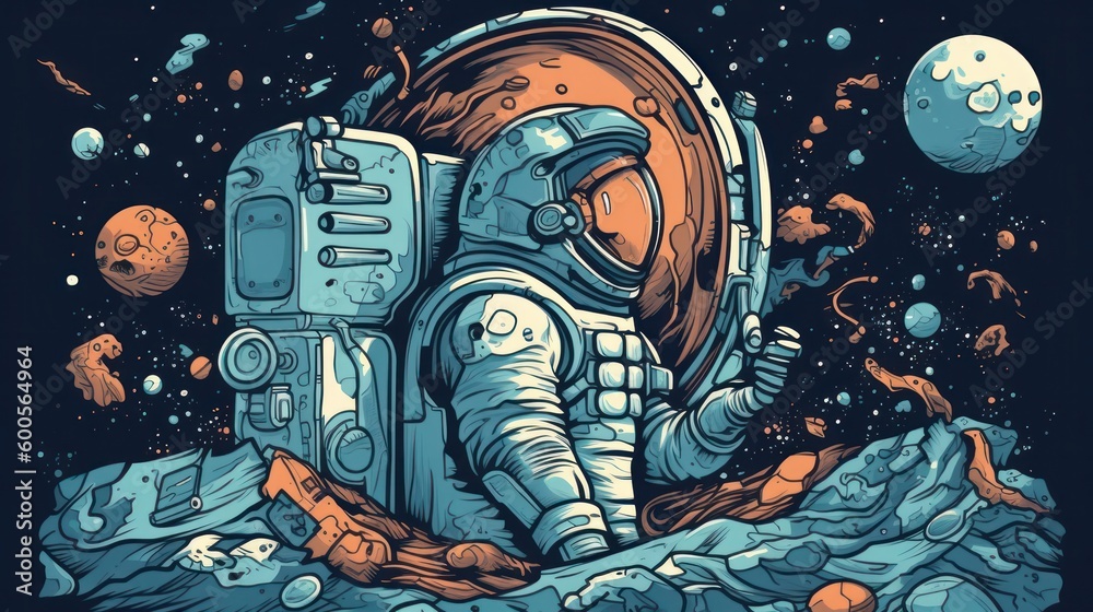Floating in Debris: Lone Astronaut in Outer Space. Generative AI. Floating in Debris: Lone Astronaut in Outer Space. Generative AI.
