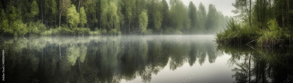 A calm lake reflecting the surrounding trees. Horizontal banner. AI generated