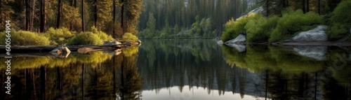 A calm lake reflecting the surrounding trees. Horizontal banner. AI generated