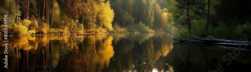 A calm lake reflecting the surrounding trees. Horizontal banner. AI generated