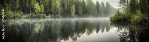A calm lake reflecting the surrounding trees. Horizontal banner. AI generated © ArtStage