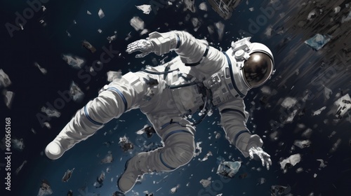 Floating in Debris: Lone Astronaut in Outer Space. Generative AI.