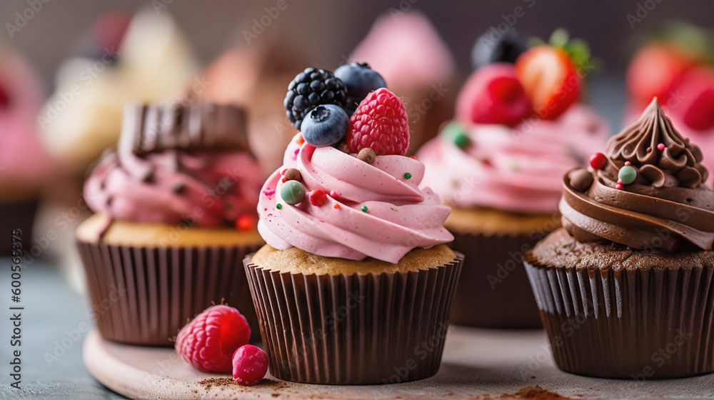 cupcakes with cream and decoration and fruit cupcakes with cream and decoration and fruit