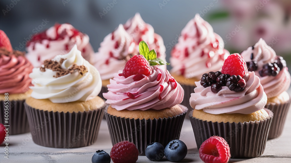 cupcakes with cream and decoration and fruit