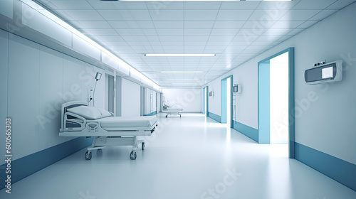 Long hospital bright corridor with rooms and seats Generative AI © PaulShlykov