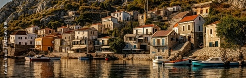 A charming seaside town on a quiet bay. Horizontal banner. AI generated