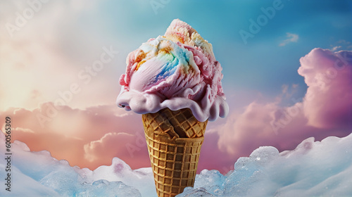 rainbow dreamy ice cream cone in the clouds