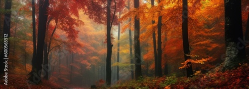 A colorful autumn forest. Horizontal banner. AI generated