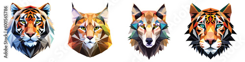 Low poly triangular tiger, lynx, jaguar and wolf heads on white background, vector illustration isolated. Polygonal style trendy modern logo design. Suitable for printing on a t-shirt