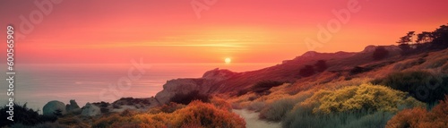 A dazzling sunrise with a warm soft color palette of. Horizontal banner. AI generated