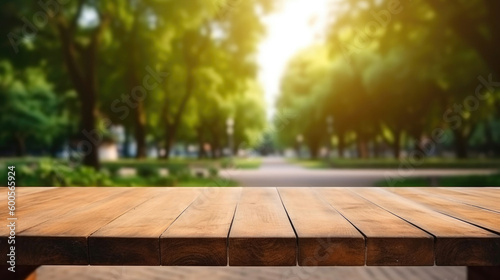 Empty wooden table with city park on background. Generative AI