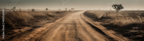 A dusty road leading to vast horizons. Horizontal banner. AI generated