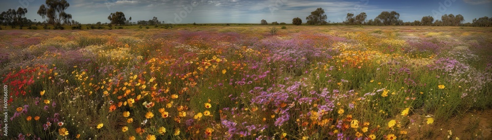 A field of vibrant wildflowers stretching towards. Horizontal banner. AI generated A field of vibrant wildflowers stretching towards. Horizontal banner. AI generated