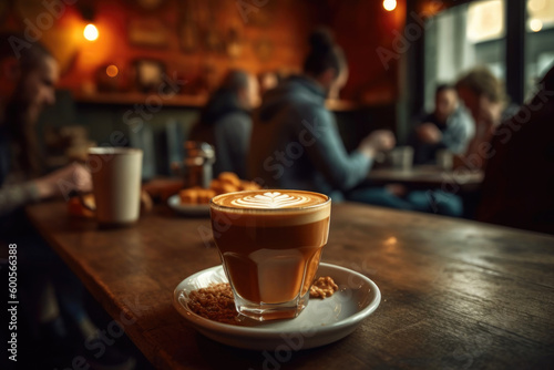 Coffee shop  coffee mug on brown wooden table. Generative AI