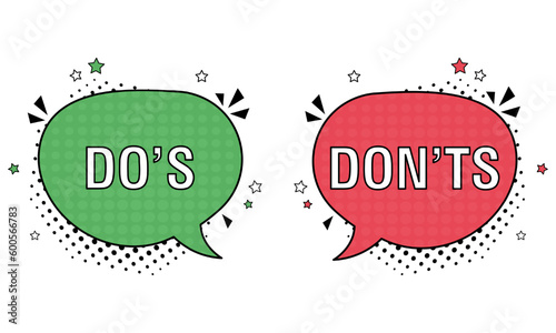 Comic speech bubble with do's and don'ts icons. Vector bright dynamic cartoon illustration in retro pop art style. Vector illustration