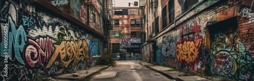 A gritty and industrial neighborhood with graffiti. Horizontal banner. AI generated © ArtStage
