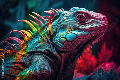 Neon Marine iguana. Generative AI © AIproduction