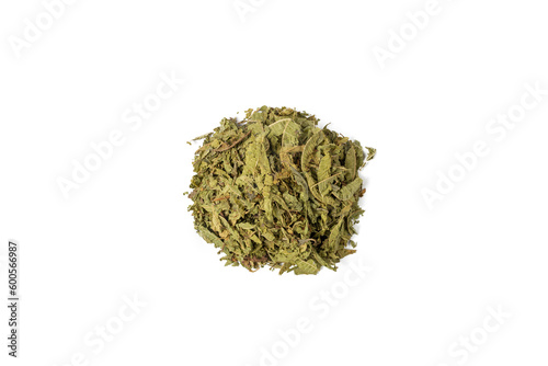 Dried leaves o Lemon verbena in latin Aloysia citrodora heap isolated on white background. Medicinal herb. Lemon verbena leaf extract is used for its energizing and refreshing properties,lemony scent. photo