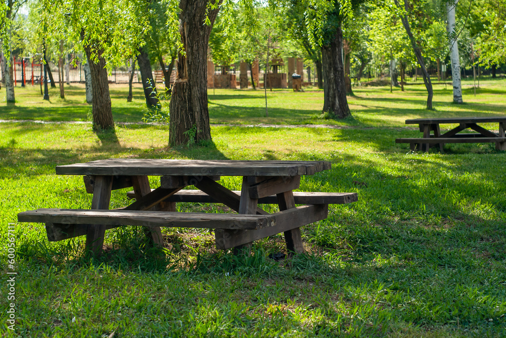 Merenderos de madera en una verde pradera con árboles. Merenderos de madera en una verde pradera con árboles.