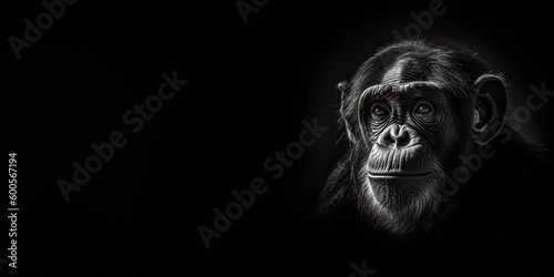 Black and white photorealistic studio portrait of a Chimpanzee on black background. Generative AI illustration