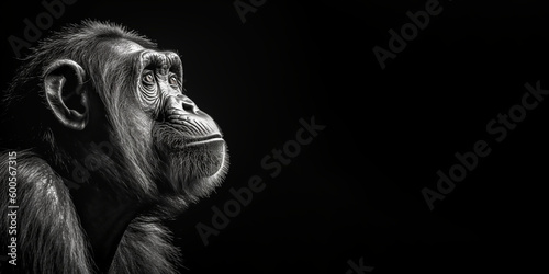 Black and white photorealistic studio portrait of a Chimpanzee on black background. Generative AI illustration © JoelMasson
