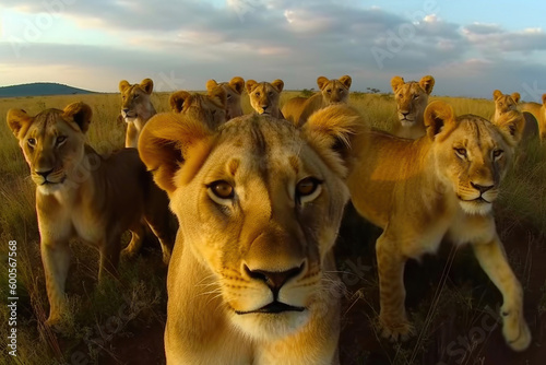 Selfie of a group of male lions. Generative AI