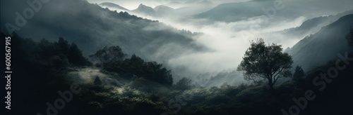 A misty mountain with a mysterious presence. Horizontal banner. AI generated