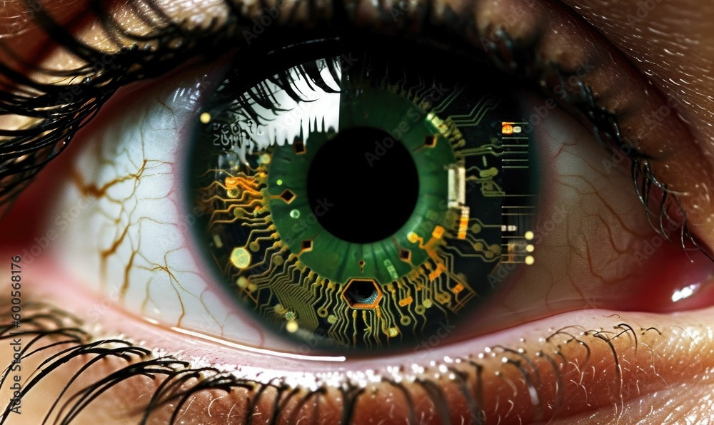 Looking into the future. A close-up of a person's eye with a computer chip as the iris.
AI-Generated