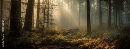 A peaceful forest in the early morning. Horizontal banner. AI generated