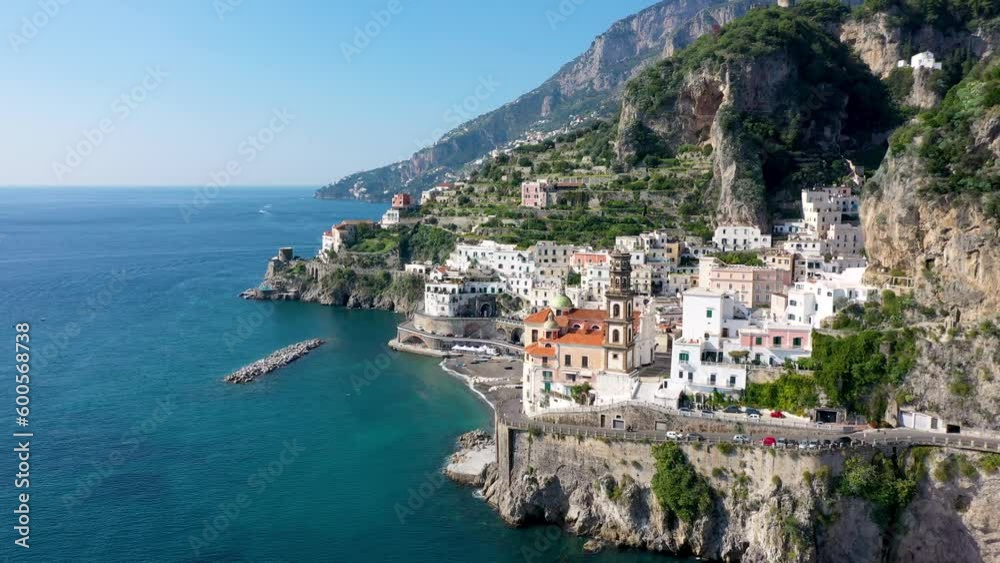 Aerial view of Atrani famous coastal village located on Amalfi Coast, Italy. Small town Atrani on Amalfi Coast in province of Salerno, Campania region, Italy. Atrani town on Amalfi coast, Italy. Aerial view of Atrani famous coastal village located on Amalfi Coast, Italy. Small town Atrani on Amalfi Coast in province of Salerno, Campania region, Italy. Atrani town on Amalfi coast, Italy.
