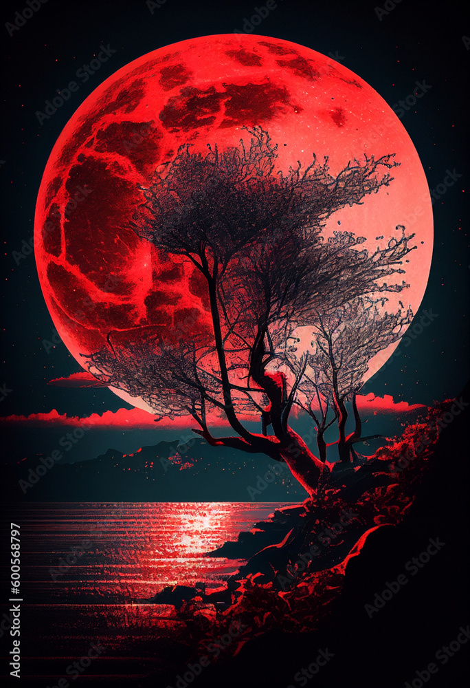 Red moon visible from planet earth, fantastic landscape. AI Generated Red moon visible from planet earth, fantastic landscape. AI Generated