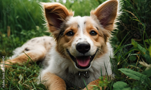 A happy dog puppy as lying in the grass, generative AI