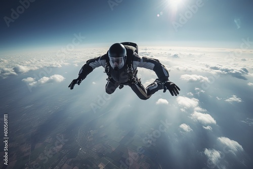 A breathtaking aerial shot of a skydiver freefalling through the sky